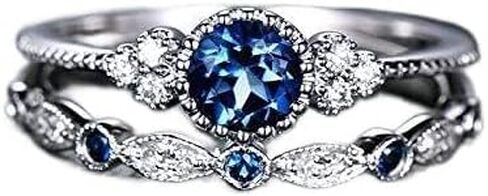 925 Sterling Silver Natural Sapphire Shiny Blue Crystal Ring Round Cut Cubic Zirconia Promise Ring CZ Classic Eternal Engagement Wedding Ring 2 Set Jewelry-Making-Patterns in Saudi Arabia