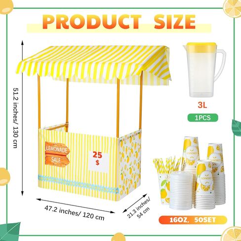 53 Sets Lemonade Stand for Supplies Include 47 x 51 Lemonade Stand Kit Table Cover 50 Pcs Disposable Lemonade Cups with Lids and Straws Lemonade Pitcher for Party(Stand Included) (Lovely) in Kuwait