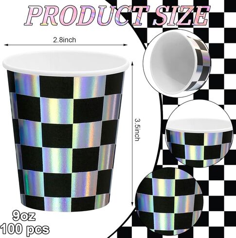 100 قطعة من أكواب ورقية مربعة باللون الأسود وقزحي الألوان من Uiifan، أكواب عيد ميلاد سعة 8 أونصة، أكواب حفلات سوداء للاستعمال مرة واحدة، أكواب مربعة للأطفال العازبة، علم مربع، سيارة سباق، لوازم حفلات أعياد الميلاد، زينة in Kuwait