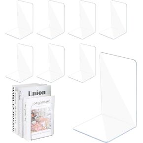 Acrylic Bookends 8 Pieces, Book Ends for Shelves, Clear Bookends for Book Shelves and Desktop Organizer, Transparent Bookends to Hold Books for Home Office Supplies