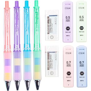 COLNK Mechanical Pencil Set with Lead and Erasers, 4 Drawing Mechanical Pencils 0.5 & 0.7mm, with 4 Tubes of HB Lead Refills and 2 Extra Erasers for School Office Writings