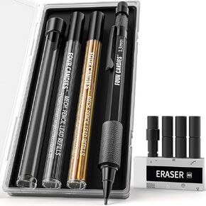 Four Candies 3PCS 1.3mm Mechanical Pencil Set with Case, Metal Heavy Duty Carpenter Pencils with 48 Refill(Red,Black,Yellow) 3Eraser, 12Eraser Refill, Weatherproof Body Outdoor Woodworking Marking