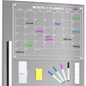 Jibeufi Acrylic Magnetic Monthly and Weekly Calendar for Fridge, Reusable Clear 2 Set Dry Erase Board Calendar for Refrigerator, 16"x12" Whiteboard Planner with 8 Markers Holder