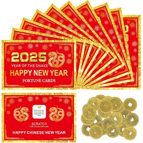 Jremreo 24 Counts Chinese New Year 2025 Scratch Off Fortune Cards with 24 Fortune Coins, Lunar New Year Scratch Game Cards, Spring Festival Party Supplies for Year of The Snake Presents Gifts