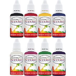 8 Color Airbrush Temporary Tattoo Ink Kit Red, Blue, Black, Pink, Green, Purple, Yellow, and White