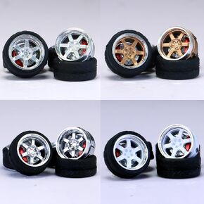 1/64 Wheels for Upgraded Mainline Cast Model Car, True Rider Series,Diameter is 0.39In, Tree-branched spoke, 4 Sets/Pack, ABS wheels with Rubber Tires Rivet Shaft Metal Rims with Brake Pads (PS-F)
