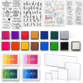 34 Pieces Acrylic Stamp Blocks Tools Set Include 5 Acrylic Blocks for Stamping Clear Block, 4 Silicone Stamps for Crafting, 19 Craft Ink Pad Stamp Pad for Scrapbooking Card Making Supplies