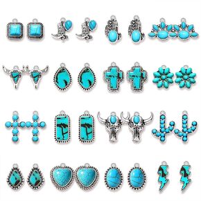 NVENF 32PCS Western Charms for Jewelry Making, Synthetic Turquoise Charms Vintage Cactus Heart Flower Lightning Cowboy Boot Pendant Charms for Bracelet Necklace Earring Making DIY Crafts