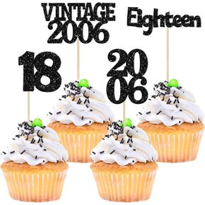 Gyufise 24Pcs 18th Birthday Cupcake Toppers Glitter Eighteen Vintage 2006 Adultish 18 Cupcake Picks Hello 18 Years Birthday Cake Decorations for Happy 18th Birthday Anniversary Party Supplies Black