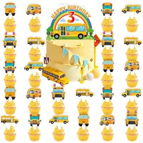 25pcs School Bus 6th Birthday Party Supplies, School Bus Cupcake Toppers Decoration, Back to School Happy Birthday Cupcake Toppers Decorations, Boys and Girls Kindergarten Decorations (School Bus 6th)
