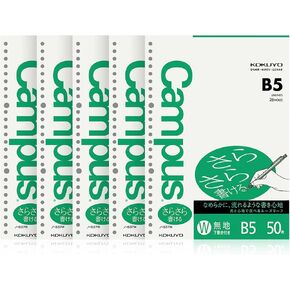 Kokuyo Campus Loose Leaf Paper for Binders, Sarasara Smooth Writing, B5, Plain Ruled, 26 Holes, 50 Sheets, pH Neutral, Bleed Resistant, 75gsm, Pack of 5, Japan Import (NO-837W)