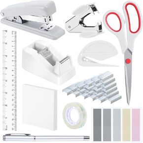 Stapler and Tape Dispenser Set, 11 in 1 Office Supplies Set, Black Desk Accessories with Staple Remover, Scissor, Ballpoint Pen, Clear Tape, and 1000pcs Staples, Desk Accessories Set