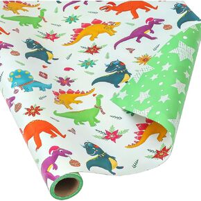 AUCLAY Dinosaur Christmas Wrapping Paper Roll for Kids Baby - Cute Dinosaurs with Xmas Decoration and Stars Design - Reversible Holiday Gift Wrap Paper, 17.7 Inch