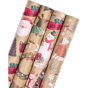 WRAPAHOLIC Kraft Christmas Wrapping Paper Roll - Reindeer and Holly Holiday Design - 4 Rolls - 30 Inch X 120 Inch Per Roll