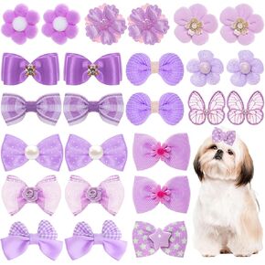20Pcs Light Pink Small Dog Hair Bows Cute Puppy Dog Bowknot Hair Bow Bulk with Rubber Bands Elastic Lace Rhinestone Pearls Hair Ties Mix Style Handmade Flower Bow Dog Cat (Purple, Fresh pattern)