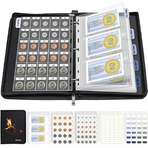 Coin Collection Album Holder for Collectors, 688 Personalized Collection Labels, 410 Pockets Fireproof Coin Collection Book & 18 Paper Currency Binder Sleeves, Coin Storage Organizer Gifts for Bill