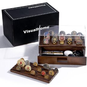 Wooden Challenge Coin Display Case with Clear Cover - Medium Military Coin Display Case Holds 40 Coins on Top & 50 in the Storage Drawer - Versatile Coin Stand Holder & Poker Chip Display Case – Black