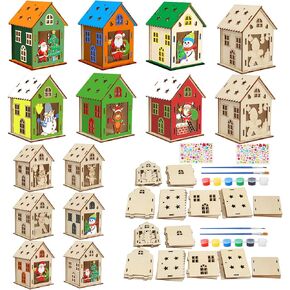 Fennoral 14 Pack Wooden Christmas House Craft Kit for Kids Make You Own 3D Christmas House Kit with Snowman Penguin Santa Claus Elf Gingerbread Man Reindeer Pattern DIY Paint for Christmas Decoration