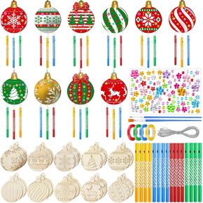 Shellwei 30 Sets Christmas Ball Wind Chimes Craft DIY Color Your Own Wooden Wind Chime Coloring Xmas Art Craft Christmas Wind Chimes for Christmas Party Ornaments Christmas Tree Decoration Activities