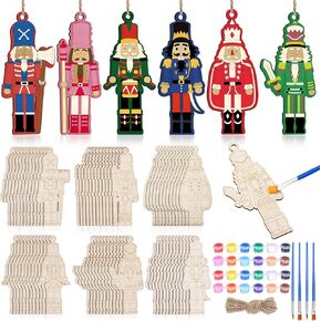 60 Pcs Wood Christmas Crafts for Kids DIY Paint Xmas Ornaments Blank Unfinished Wooden Cutouts Shapes Slices Hanging Embellishment for Christmas Tree Holiday Party Decor(Nutcracker)