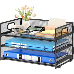Subekyu 3 Tier Paper Letter Tray Organizer for Desk, Black Metal Mesh Desk File Folder Sorter Organizer with Handle and 1 Pcs Sliding Tray for Home Office School Desk Supplies Organization Storage