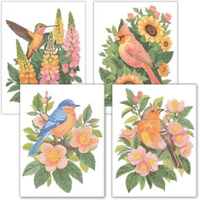 Astrakuma Studio Paint by Numbers Kit for Adults Beginner - Birds and Flowers Easy DIY Numbered Painting Sets - 4 Pack Small Canvas Boards with Acrylic Paints - Adult Sip n Paint Kits