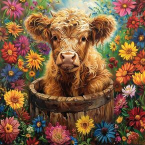 NEWENMO Diamonds Painting Kits for Adults Beginner DIY 5D Colorful Flowers Diamond Paint with Round Diamonds, Full Drill Gem Art Highland Cow Diamonds Art Painting for Home Wall Decor 12x12 Inch
