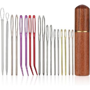 19pcs Yarn Needles Set Large Eye Sewing Needles Colorful Embroidery Needles Stainless Steel Blunt Needles and Bent Tapestry Needles Hand Knitting Needles with Wooden Case for Crochet Project