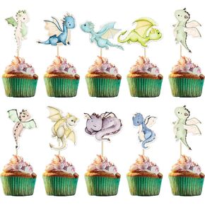 24Pcs Dragon Cupcake Toppers Glitter Dinosaur Birthday Cupcake Picks for Flying Dragon Theme Baby Shower Kids Birthday Party Cake Decorations Supplies Black