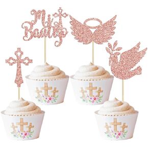 24 قطعة من Gyufise God Bless and Baptism Cupcake Toppers Glitter Cross God Bless Cupcake Picks للمناولة المسيحية الأولى وحفلات التعميد لوازم تزيين الكيك باللون الذهبي