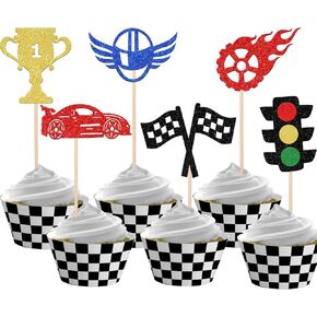 24 PCS Race Car Cupcake Toppers Glitter Traffic Light Wheel Trophy Flag Helmet Racing Car Cupcake Picks for Let's Go Racing Sports Theme Baby Shower Boys Birthday Party Cake Decorations Supplies