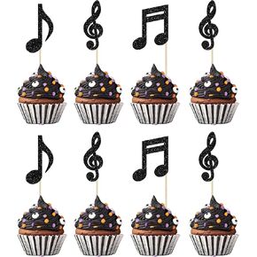 Gyufise 24Pcs Music Notes Cupcake Toppers Black Glitter Musical Symbol Cupcake Picks for Rock Music Concert Theme Baby Shower Wedding Birthday Party Cake Decorations Supplies