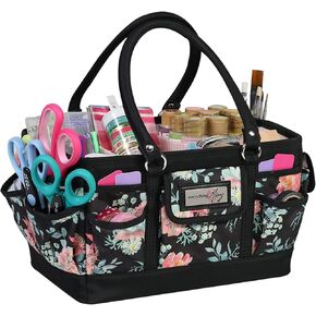 Everything Mary Black Floral Deluxe Store and Tote - Storage Art Caddy for Sewing & Scrapbooking - Craft Bag Organizer w/Handle for Supplies & Tools Organization for School, Medical, Office