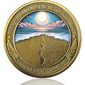 Footprints in The Sand Inspirational Christian Challenge Coin with Biblical Verse
