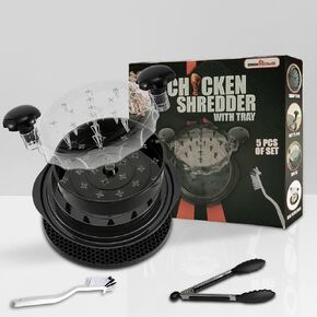Premium Chicken Shredder Tool Twist Large with Cleaning Brush, Mat, Tray & Tongs | Dishwasher Safe, Heat Resistant & Anti Slip Grip | Effortless Meat Shredder for Shredded Chicken, Beef & More