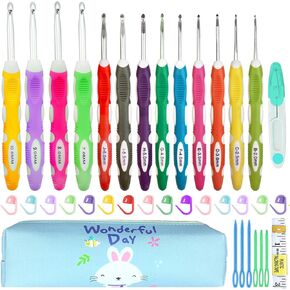 Weabetfu 13 Size Crochet Hook Set,2mm(B)-10mm(N) Ergonomic Crochet Hooks with Case,Extra Long for Arthric Hands,Soft Grip Crochet Hooks Needles for Beginners&Gift