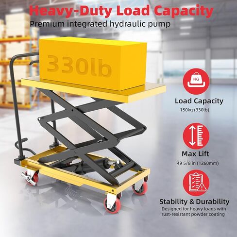 عربة رفع هيدروليكية ZKH، سعة 330 رطل، أقصى ارتفاع للرفع 49.6 بوصة، طاولة رفع بمقص واحد مع عجلات قفل وشريط التحميل الزائد للعمليات الآمنة، مثالية للتعامل مع المواد ورفع الشحن in Kuwait