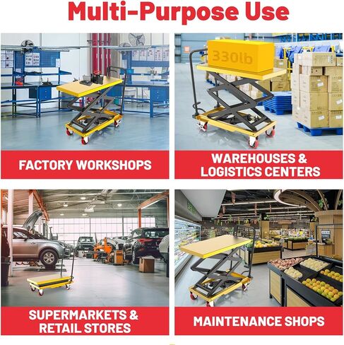 عربة رفع هيدروليكية ZKH، سعة 330 رطل، أقصى ارتفاع للرفع 49.6 بوصة، طاولة رفع بمقص واحد مع عجلات قفل وشريط التحميل الزائد للعمليات الآمنة، مثالية للتعامل مع المواد ورفع الشحن in Kuwait