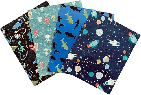 Back to School 2 Pocket Folders | Heavy Duty | Set of 4 Portfolios | Elementary Grade School | Fun Trendy Designs (Space, Dinosaur, Shark, Robots) in Kuwait
