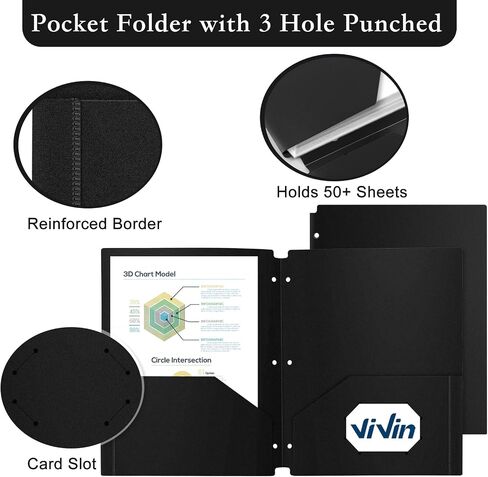 ViVin Folders with Pockets 3 Hole Punched, Heavyweight Folders with Pockets 3 Hole Punched, 12 Pack Bulk, Fits 8.5 * 11 Letter Size Sheets, Classroom Folders (Black) in Saudi Arabia