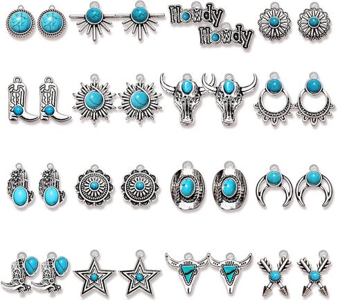 NVENF 32PCS Western Charms for Jewelry Making, Synthetic Turquoise Charms Vintage Cactus Heart Flower Lightning Cowboy Boot Pendant Charms for Bracelet Necklace Earring Making DIY Crafts in Kuwait