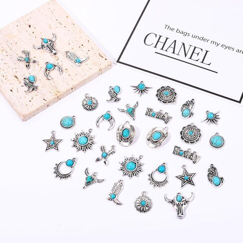 NVENF 32PCS Western Charms for Jewelry Making, Synthetic Turquoise Charms Vintage Cactus Heart Flower Lightning Cowboy Boot Pendant Charms for Bracelet Necklace Earring Making DIY Crafts in Kuwait