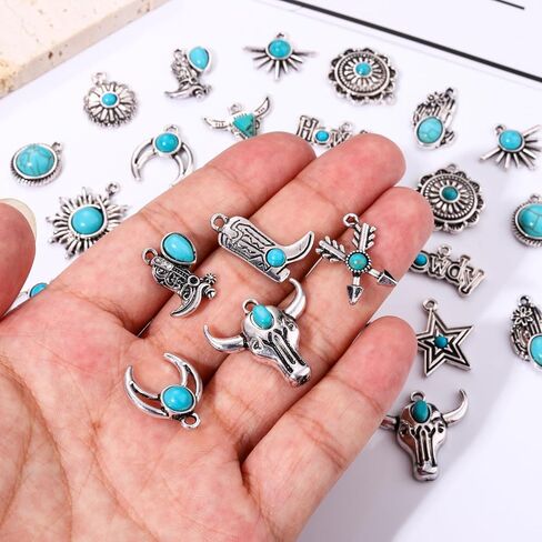 NVENF 32PCS Western Charms for Jewelry Making, Synthetic Turquoise Charms Vintage Cactus Heart Flower Lightning Cowboy Boot Pendant Charms for Bracelet Necklace Earring Making DIY Crafts in Kuwait