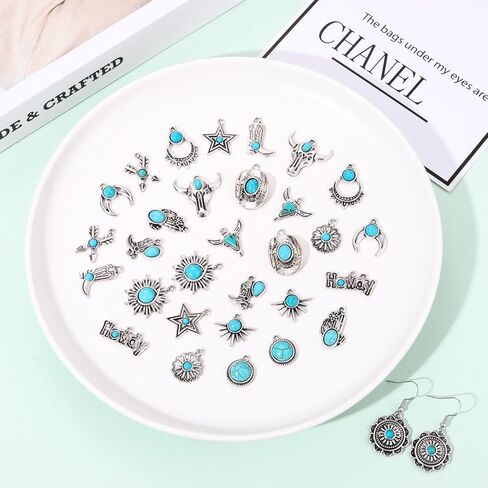 NVENF 32PCS Western Charms for Jewelry Making, Synthetic Turquoise Charms Vintage Cactus Heart Flower Lightning Cowboy Boot Pendant Charms for Bracelet Necklace Earring Making DIY Crafts in Kuwait