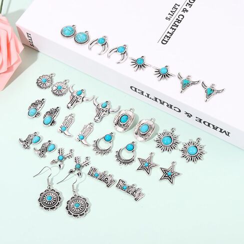 NVENF 32PCS Western Charms for Jewelry Making, Synthetic Turquoise Charms Vintage Cactus Heart Flower Lightning Cowboy Boot Pendant Charms for Bracelet Necklace Earring Making DIY Crafts in Kuwait