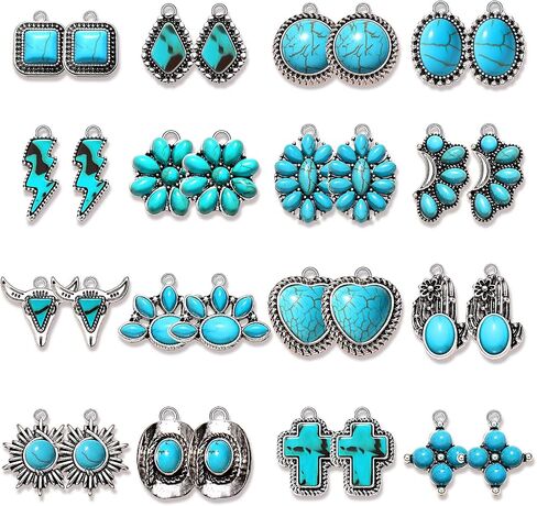 NVENF 32PCS Western Charms for Jewelry Making, Synthetic Turquoise Charms Vintage Cactus Heart Flower Lightning Cowboy Boot Pendant Charms for Bracelet Necklace Earring Making DIY Crafts in Saudi Arabia