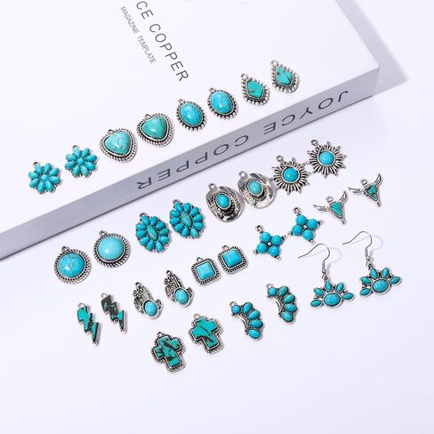 NVENF 32PCS Western Charms for Jewelry Making, Synthetic Turquoise Charms Vintage Cactus Heart Flower Lightning Cowboy Boot Pendant Charms for Bracelet Necklace Earring Making DIY Crafts in Saudi Arabia
