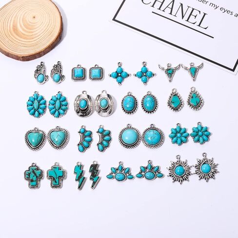 NVENF 32PCS Western Charms for Jewelry Making, Synthetic Turquoise Charms Vintage Cactus Heart Flower Lightning Cowboy Boot Pendant Charms for Bracelet Necklace Earring Making DIY Crafts in Saudi Arabia
