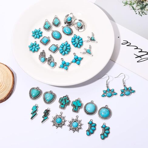NVENF 32PCS Western Charms for Jewelry Making, Synthetic Turquoise Charms Vintage Cactus Heart Flower Lightning Cowboy Boot Pendant Charms for Bracelet Necklace Earring Making DIY Crafts in Saudi Arabia