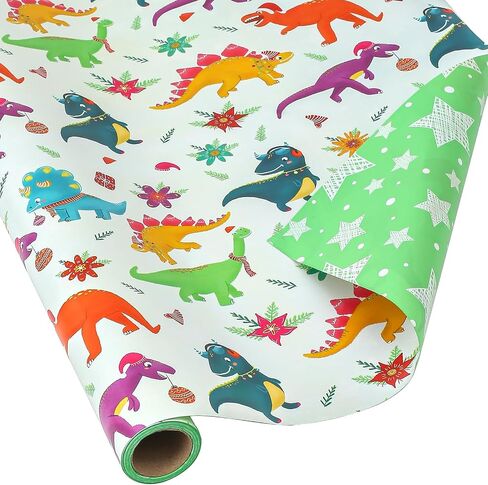 AUCLAY Dinosaur Christmas Wrapping Paper Roll for Kids Baby - Cute Dinosaurs with Xmas Decoration and Stars Design - Reversible Holiday Gift Wrap Paper, 17.7 Inch in Saudi Arabia